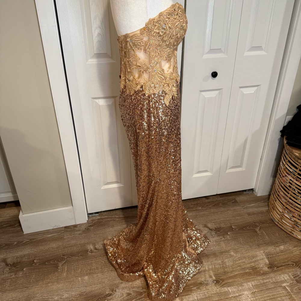 Colette by Daphne, Gold Lace and Sequence with Shear Bodice/ High Slit, Size  10 - Picture 9 of 17